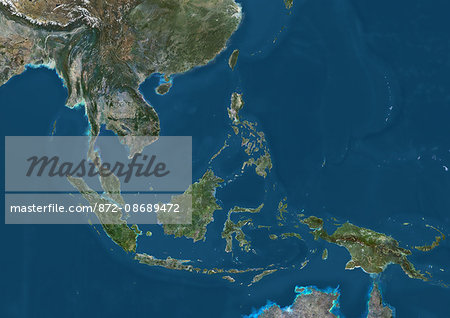 Satellite view of Southeast Asia. This image was compiled from data acquired by Landsat 7 & 8 satellites.