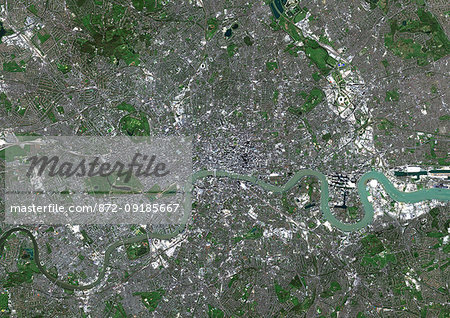 Color satellite image of London, capital city of England and the United Kingdom.  The River Thames flows through London. Image collected on April 09, 2017 by Sentinel-2 satellites.