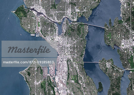 Color satellite image of Seattle, Washington, United States. It is a seaport city located between the Puget Sound to the west and Lake Washington to the east. Image collected on August 31, 2017 by Sentinel-2 satellites.