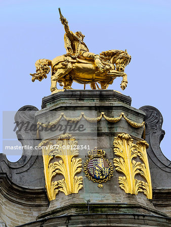 Belgium, Brussels, Grand place, gold equestrian sculpture on a house