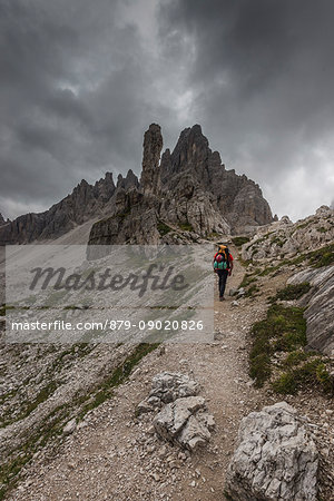 Sesto/Sexten, Dolomites, South Tyrol, province of Bolzano, Italy. Climber on the via ferrata "Path of Peace" to the mountain of Monte Paterno