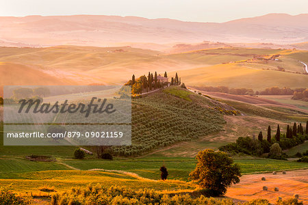 Belvedere Farmhouse at dawn, San Quirico d'Orcia, Orcia Valley, Siena province, Italy, Europe.