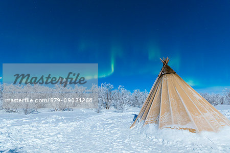 Isolated Sami tent in the snow under Northern Lights, Abisko, Kiruna Municipality, Norrbotten County, Lapland, Sweden