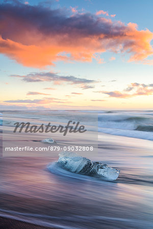 Jokulsarlon glacier lagoon, East Iceland. Blocks of ice on the black beach