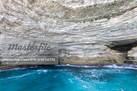 The turquoise sea framed by granite white cliffs and sea caves Lavezzi Islands Bonifacio Corsica France Europe