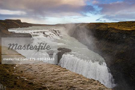 Landscape with Gullfoss waterfall and steam. Hrunamannahreppur, Arnessysla, Sudurland, Iceland, Europe.