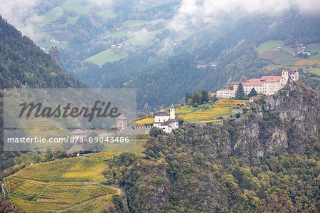 View of Sabiona Monastery and its vineyards. Chiusa, Val d'Isarco, Bolzano, Trentino Alto Adige - Sudtirol, Italy, Europe.