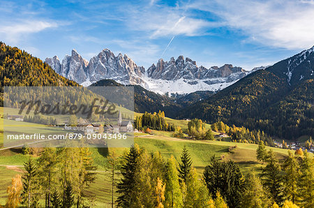 Autumnal landscape with Odle Dolomites peaks on the background. Santa Maddalena, Funes, Bolzano, Trentino Alto Adige - Sudtirol, Italy, Europe.