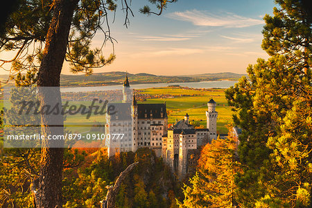 Neuschwanstein Castle in Autumn at sunset Europe, Germany, Bavaria, southwest Bavaria, Fussen, Schwangau