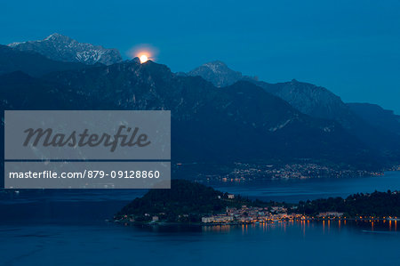 Moon on Lake Como and Mount Grigna from church San Martino, Griante, Como province, Lombardy, Italy, Europe.