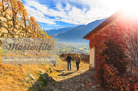 Two people walking on a trail between wineyards and a house cover of american grapes leaves. Poggiridenti, Valtellina, Sondrio province, Lombardy, Italy.