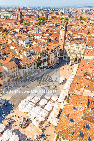 High angle view of Piazza delle Erbe (Market's square). Verona, Veneto, Italy