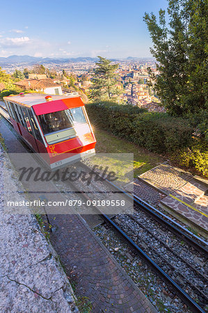 Funicular of San Vigilio with the upper town in the background. Bergamo, Lombardy, Italy.