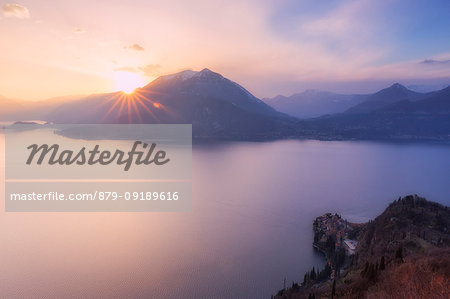Sunset over the village of Varenna, Como Lake, Lombardy, Italy, Europe.