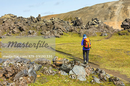 Graenagil footpath: a trekker is walking through the Laugahraun lava field in Landmannalaugar (Fjallabak Nature Reserve, Highlands, Southern Region, Iceland, Europe) (MR)