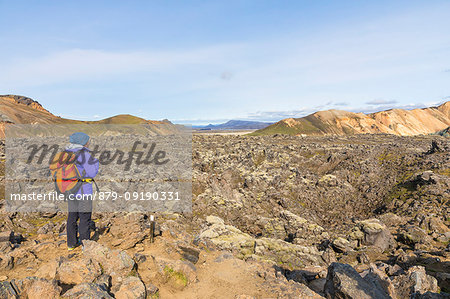 A trekker is looking at the Landmannalaugar lava field (Landmannalaugar, Fjallabak Nature Reserve, Highlands, Southern Region, Iceland, Europe) (MR)