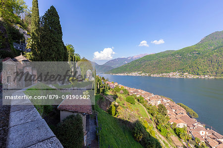 Balcony on the rooftops of Morcote and Lake Ceresio. Morcote, Canton Ticino, Switzerland.