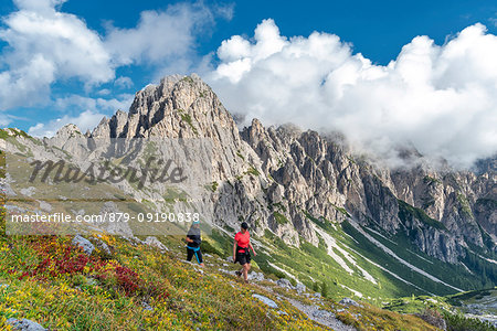 Misurina, Dolomites, province of Belluno, Veneto, Italy. Hike to the refuge Fonda Savio in the Cadini mountain group