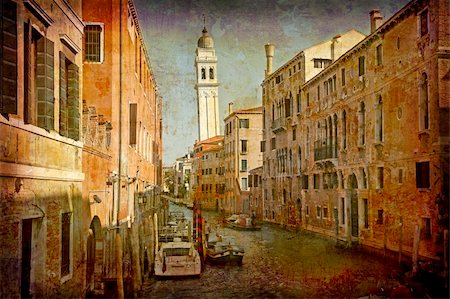 simsearch:400-04563173,k - Artistic work of my own in retro style - Postcard from Italy. - Church with leaning tower - Venice. Foto de stock - Super Valor sin royalties y Suscripción, Código: 400-04005955