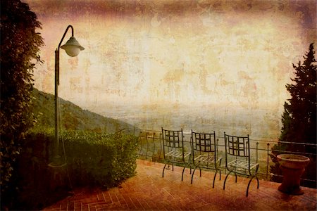 simsearch:400-04512320,k - Artistic work of my own in retro style - Postcard from Italy. - Seats with view - Tuscany. Fotografie stock - Microstock e Abbonamento, Codice: 400-04006054