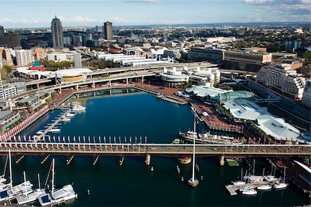 simsearch:400-08980317,k - Aerial view of Pyrmont Bridge and boats in Darling Harbour, Sydney, Australia. Foto de stock - Super Valor sin royalties y Suscripción, Código: 400-04006268