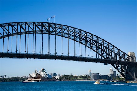 simsearch:400-04006297,k - Sydney Harbour Bridge with view of downtown buildings and Sydney Opera House in Australia. Foto de stock - Royalty-Free Super Valor e Assinatura, Número: 400-04006314