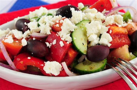 person eating greek salad - Greek salad with feta cheese and black kalamata olives Stock Photo - Budget Royalty-Free & Subscription, Code: 400-04007238