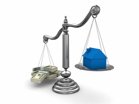 3d rendered illustration of a silver scale with dollar notes and a simple blue house Photographie de stock - Aubaine LD & Abonnement, Code: 400-04008289