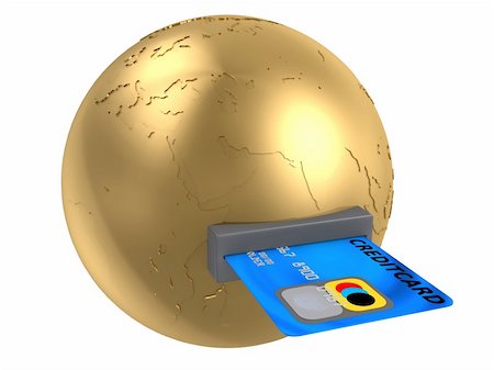 3d rendered illustration of a golden globe with credit card Stock Photo - Budget Royalty-Free & Subscription, Code: 400-04008329