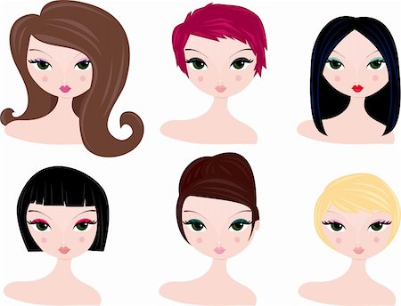 Six different hairstyles and hair colors for women. Vector art in Adobe illustrator EPS format, compressed in a zip file. The different elements are all on separate layers so they can easily be moved or edited individually. The document an be scaled to any size without loss of quality Photographie de stock - Aubaine LD & Abonnement, Code: 400-04009399