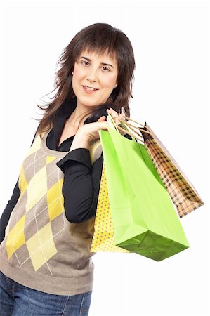 simsearch:400-05278482,k - A woman holding several shopping bags, isolated on white background Foto de stock - Royalty-Free Super Valor e Assinatura, Número: 400-04009434