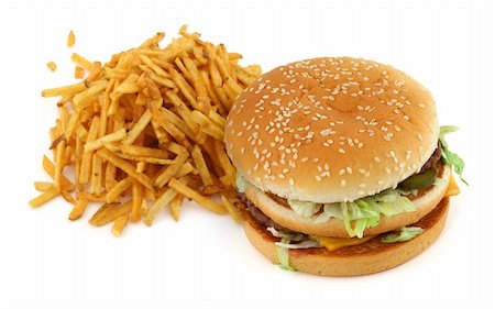 french fries and hamburger against white background Stock Photo - Budget Royalty-Free & Subscription, Code: 400-04000191