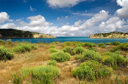 Beautiful blue bay with green bushes in the dunes Stock Photo - Budget Royalty-Free & Subscription, Code: 400-04000427
