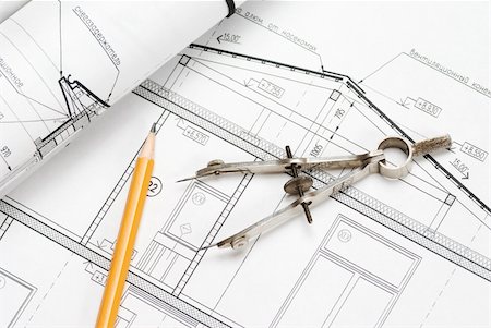 Tools over house plan blueprints Stock Photo - Budget Royalty-Free & Subscription, Code: 400-04003699