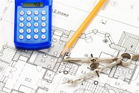 Tools over house plan blueprints Stock Photo - Budget Royalty-Free & Subscription, Code: 400-04003701