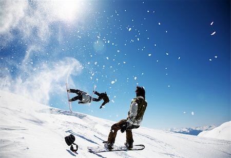 simsearch:400-04811318,k - Snowboarders launching off a jump; La Thuile , Aosta, Italy. Stock Photo - Budget Royalty-Free & Subscription, Code: 400-04014624