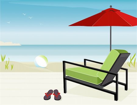 seagulls at beach - Modern Chair and Market Umbrella at beach; Easy-edit layered file. Photographie de stock - Aubaine LD & Abonnement, Code: 400-04014694