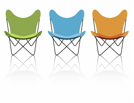 Trio of vintage/retro butterfly chairs with reflection; easy-edit file makes changing the chair colors simple. Stock Photo - Budget Royalty-Free & Subscription, Code: 400-04014707