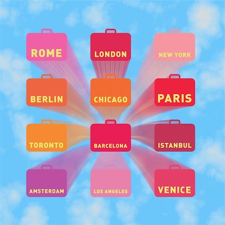 Twelve flying suitcases with city names, blue sky Stock Photo - Budget Royalty-Free & Subscription, Code: 400-04014880