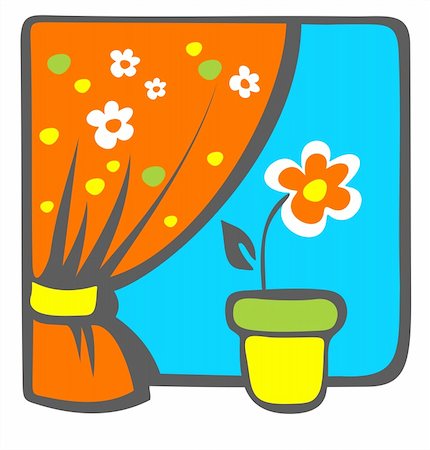 fun plant clip art - Red decorative flower on a windowsill with a bright curtain. Stock Photo - Budget Royalty-Free & Subscription, Code: 400-04016719