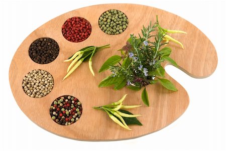rosemary flower - Spice and herb palette ready for the master chef to create new culinary delights. (variety of peppercorns and herbs on artist's palette) Stock Photo - Budget Royalty-Free & Subscription, Code: 400-04017539