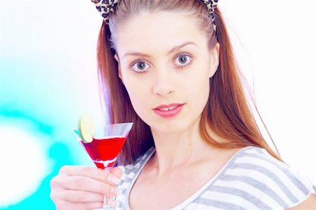 high-key portrait of young woman with cocktail  in multicolor back lights. Image may contain slight multicolor aberration as a part of design Stock Photo - Budget Royalty-Free & Subscription, Code: 400-04019078