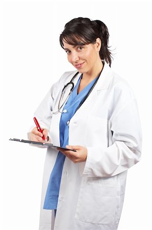 female cardiologist - Friendly female doctor in lab coat , writing on white background Stock Photo - Budget Royalty-Free & Subscription, Code: 400-04011072