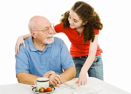 Grandfather and teen granddaughter enjoy spending time together.  Isolated on white. Stock Photo - Budget Royalty-Free & Subscription, Code: 400-04012078