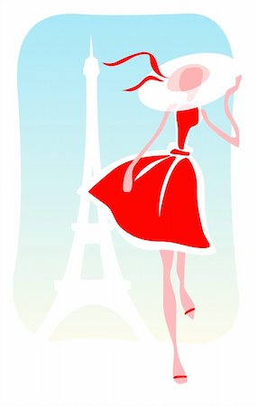 fashion woman paris - The stylized romantic girl in a red dress and a hat on a background of Tour d'Eiffel. Stock Photo - Budget Royalty-Free & Subscription, Code: 400-04012673