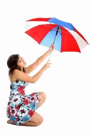simsearch:400-04322097,k - Portrait of a young happy woman posing with an umbrella (isolated on white) Stock Photo - Budget Royalty-Free & Subscription, Code: 400-04013408