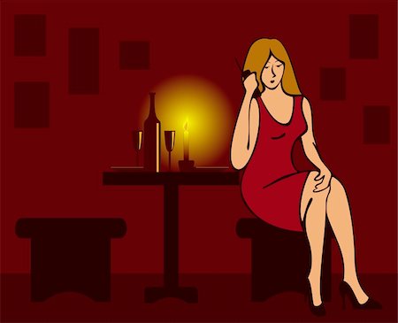 The girl speaks by phone and waits for visitors in a room with the covered table and burning candles Stock Photo - Budget Royalty-Free & Subscription, Code: 400-04024726