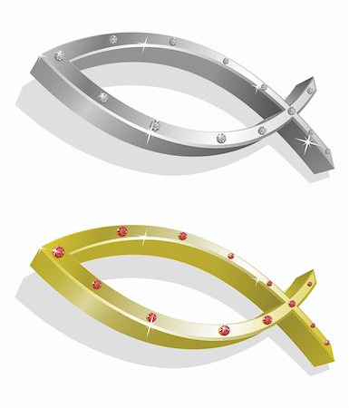 Vector illustration of 2 realistic golden and silver icthus with brilliants Stock Photo - Budget Royalty-Free & Subscription, Code: 400-04024759