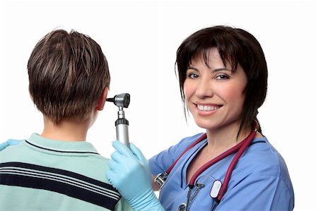 ear infection - A female doctor using an otoscope to check the ears of a patient. Stock Photo - Budget Royalty-Free & Subscription, Code: 400-04025073