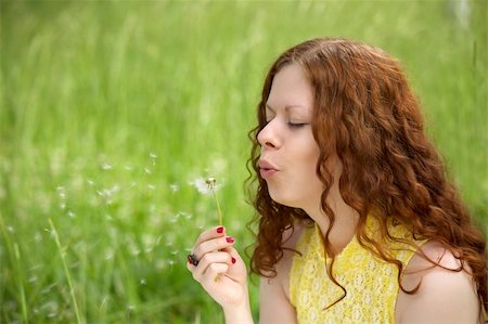 fun park mouth - The attractive girl blows on a dandelion on a background of a lawn Stock Photo - Budget Royalty-Free & Subscription, Code: 400-04026000